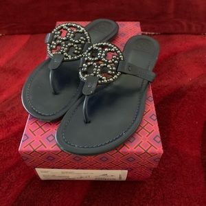 Tory Burch Navy Blue Embellished Miller Sandals